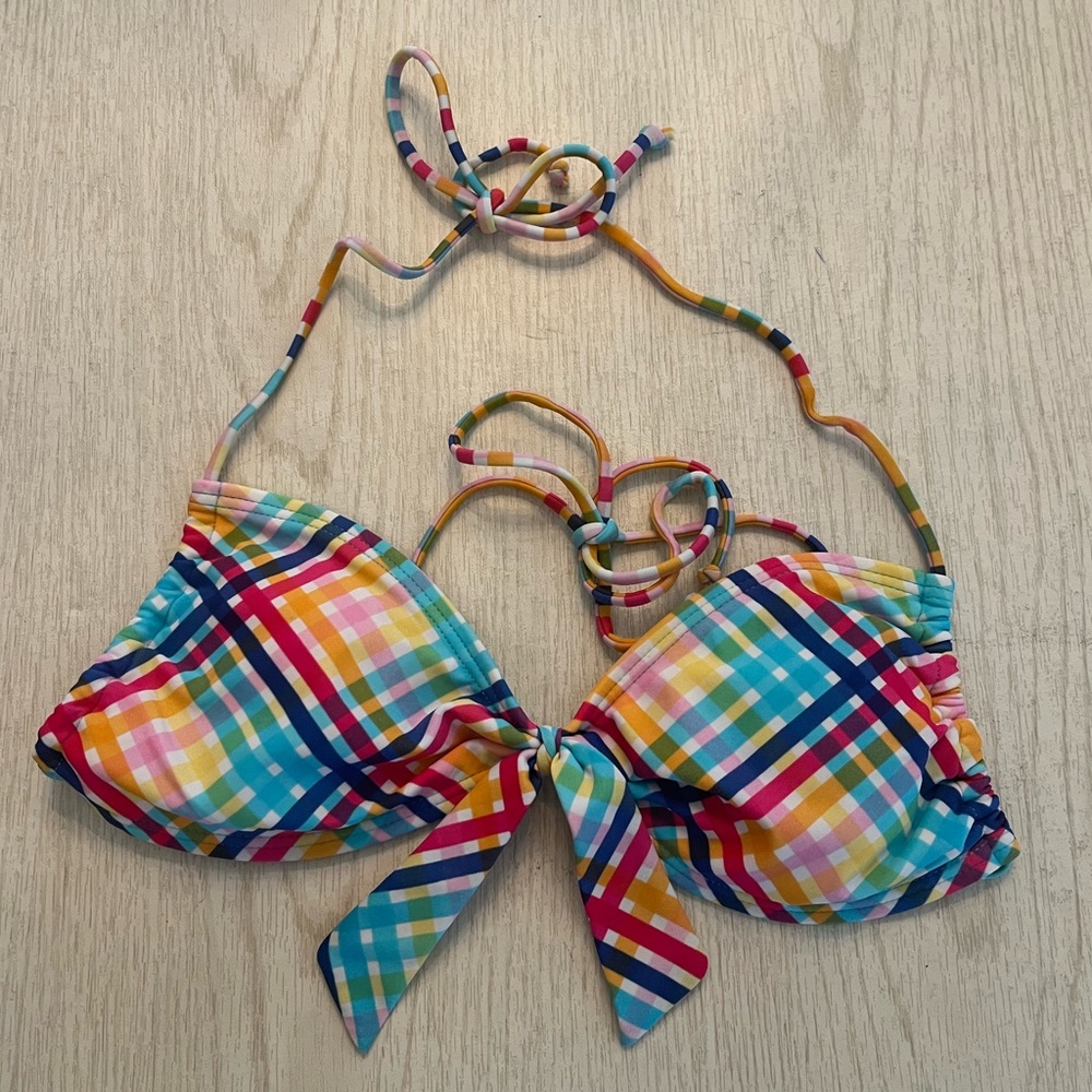 Plaid rainbow bikini top with adjustable ties size M